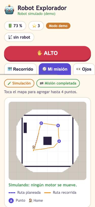 La app en un teléfono, con el botón ALTO arriba y una misión simulada