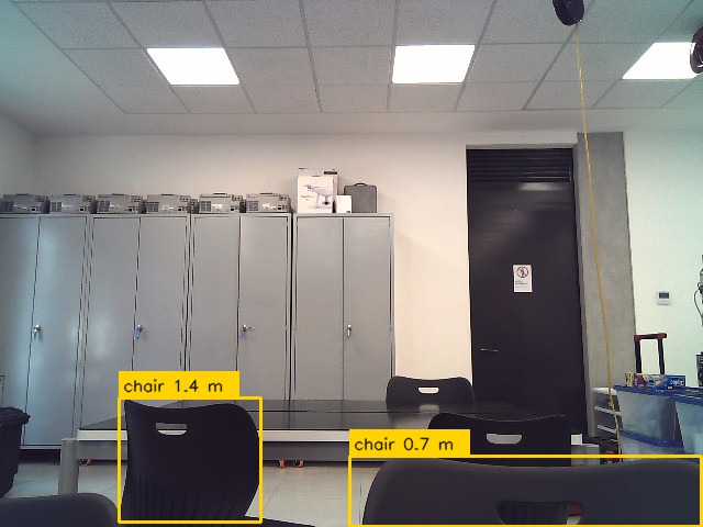 Vista de la cámara del robot en el salón: YOLO marca una silla a 1.4 m y otra a 0.7 m