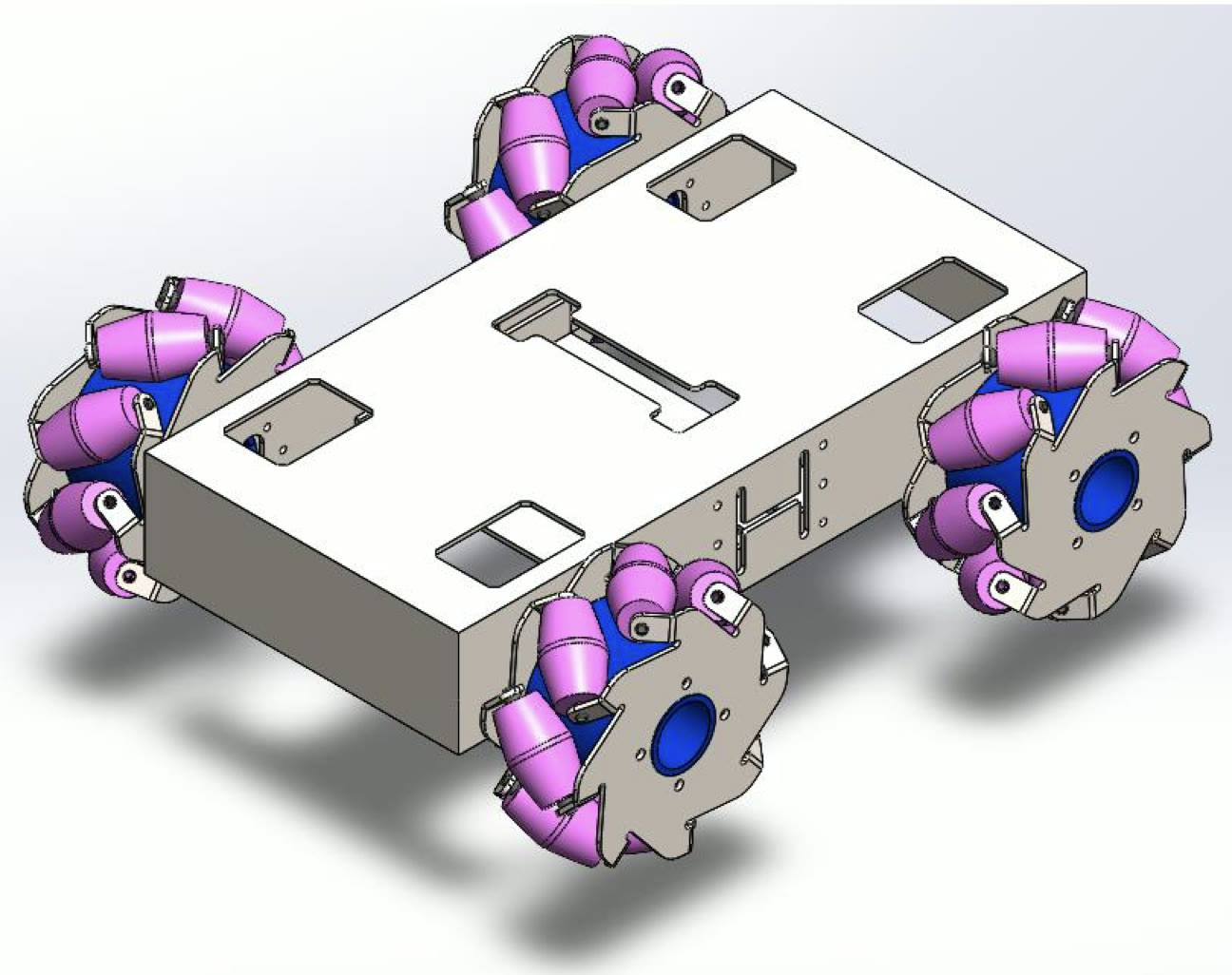 Render en SOLIDWORKS del chasis interno de RoboMesha V2 con cuatro ruedas mecanum