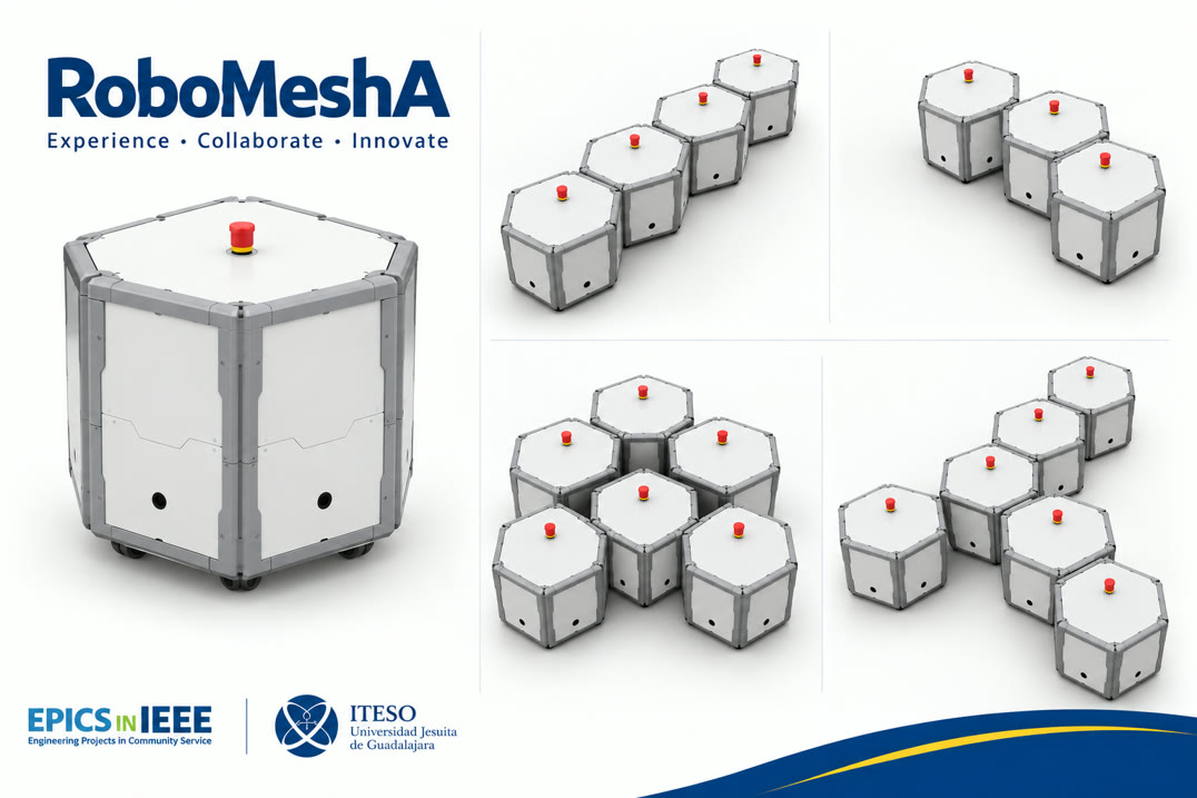 Render de un módulo hexagonal de RoboMeshA y cuatro formas de acoplar varios módulos